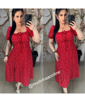 Vestido Camponesa Estampado Vermelho
